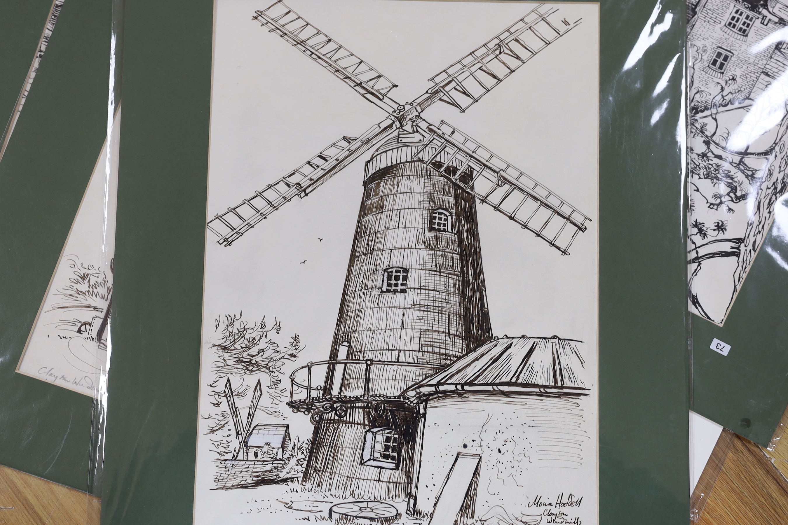 Moira Hoddell, seven ink sketches including All Saints Centre, Lewes, River Arun, Arundel, Sussex and West Pier, Brighton, each signed, some with inscriptions, mounted, unframed, 30 x 25cm